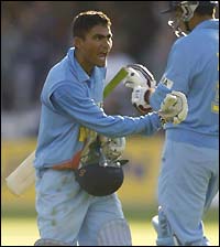 Mohammad Kaif and Zaheer Khan celebrate after the winning runs.