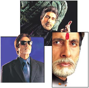 (clockwise from left) Amitabh in Aankhen, Aks and Mohabbatein